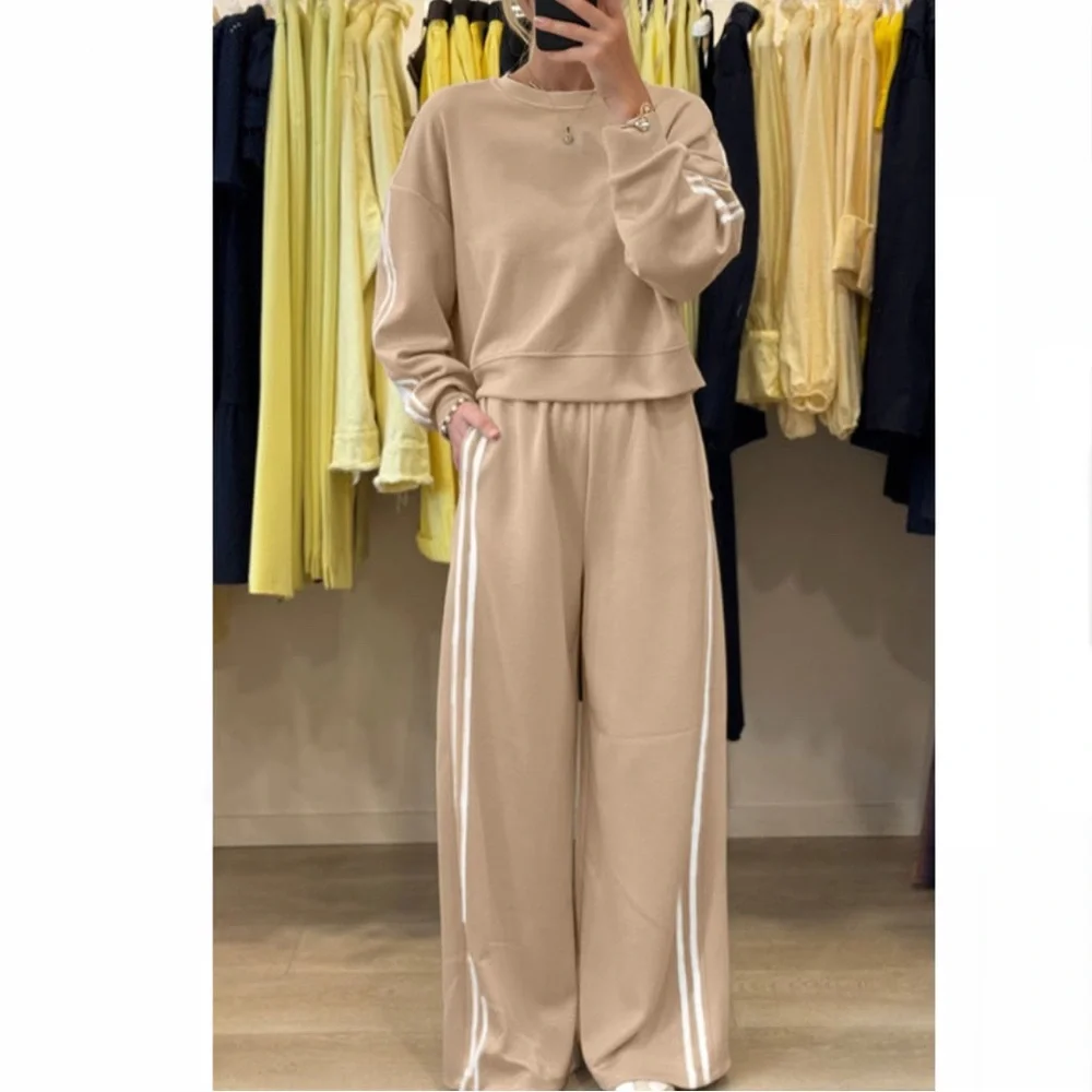 Oatmeal Varsity Striped Detail Crewneck & Sweatpants 2pcs Outfit - Picture 8 of 12